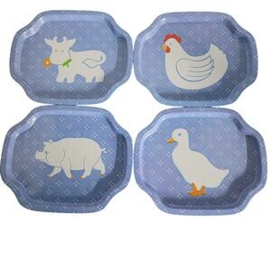 1980s Country Calico Tin Snack Trays Set of 4 Farm Animals Blue Floral Cottage